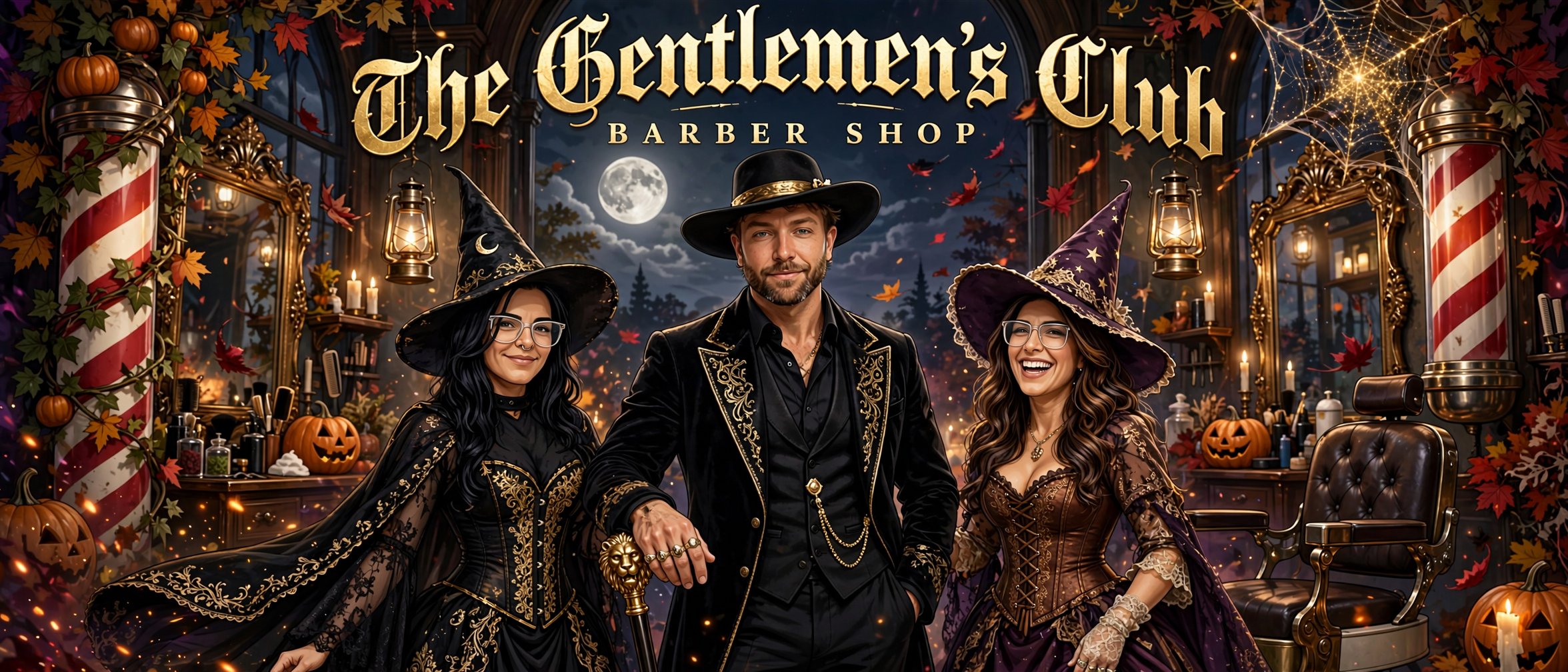 Kyle and the Spaghetti Sisters in Halloween witch and warlock attire inside a candlelit, autumn-decorated barbershop