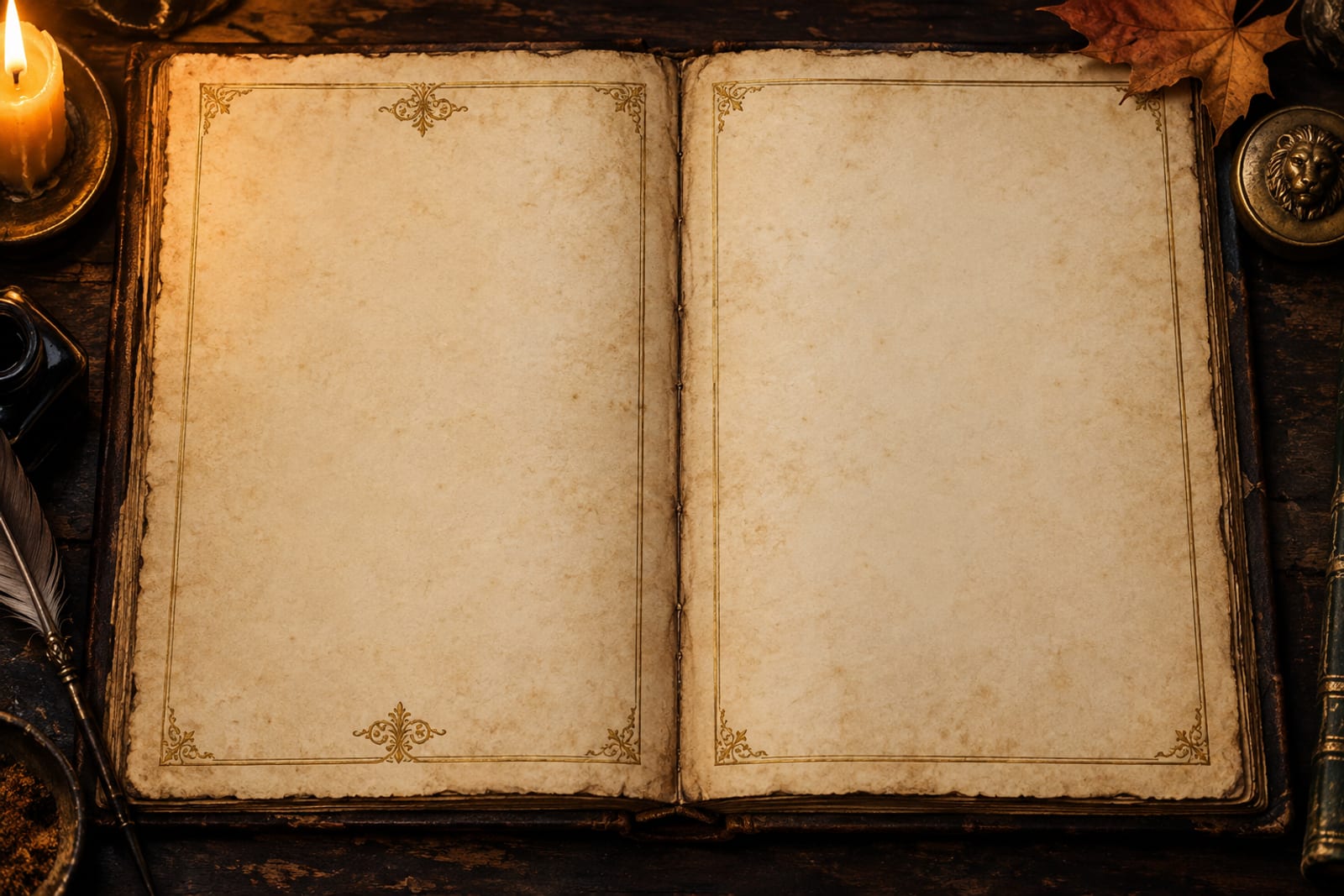 An open antique spellbook on a dark wooden barbershop counter, lit by one candle, its two parchment pages ruled in gold and waiting to be written on.